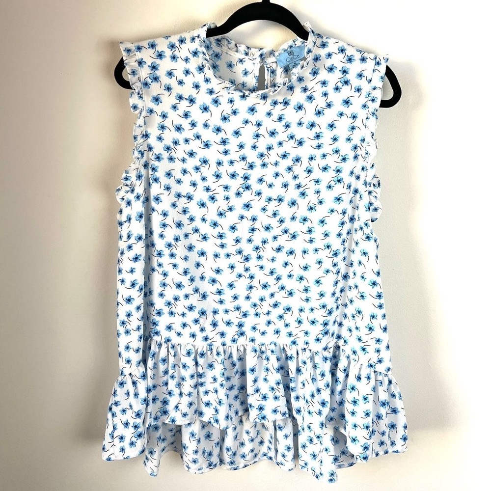 CeCe Brooke Ditsy Floral Sleeveless Top Extra Large XL White Blue Blouse Top